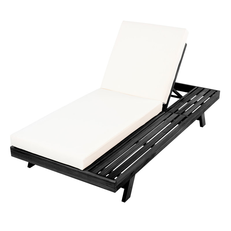 Chaise longue en bois, coussin crème, 4 pouces d'épaisseur, inclinable réglable, conception respirante, utilisation à l'extérieur, base à lattes d'eau pour la circulation de l'air, 4 inclinables, compatibilité