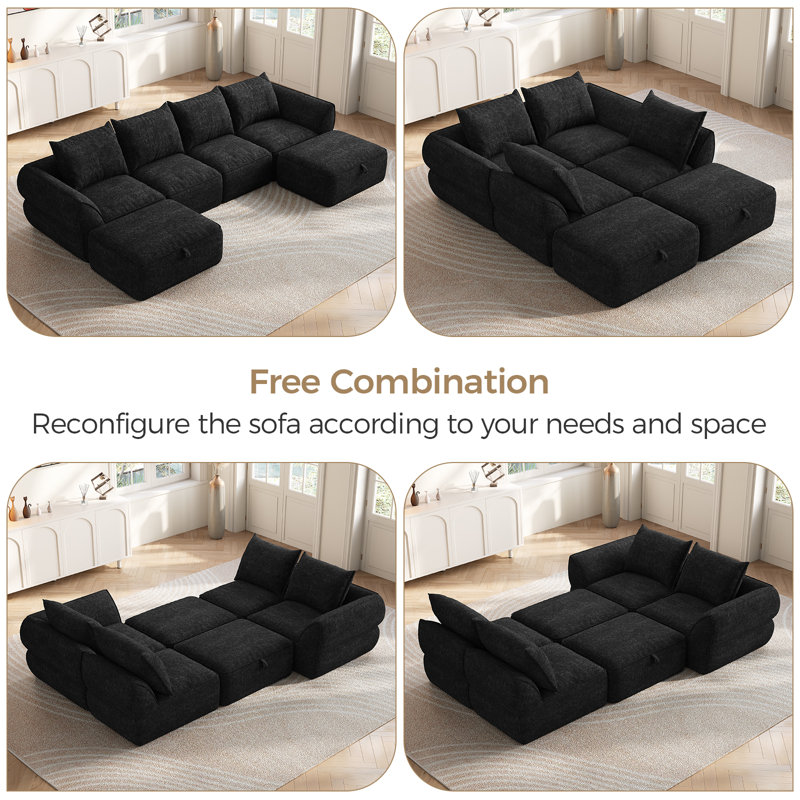 Boneless 132" Modular Sectional Sofa with Deep Seat, U-Shaped Cloud Couch for Living Room, 4-Seater Boneless Sofa with 2 Ottomans, Flexible Combination Modern Upholstery Sofa, No Assembly Required