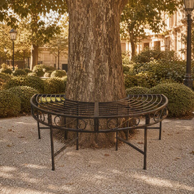 Half Moon Wrought Iron Tree Surround Bench, Outdoor Semicircular Tree Ring Seat, Weatherproof Metal Curved Tree Bench for Backyard Garden Lawn, 2 Pieces Can Form Full Circle Around Tree Trunk