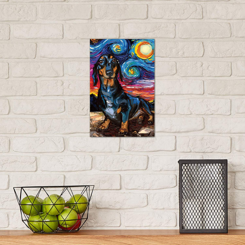 Black And Tan Dachshund Night II by Aja Trier - Wrapped Canvas Painting, 20.32 cm H x 30.48 cm W