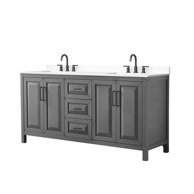 Meuble-lavabo double 72 po Daria gris foncé, comptoir en marbre de culture blanc, lavabos carrés encastrés (3 trous), garniture noir mat