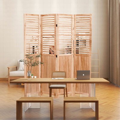 4 Solid Wood Folding Wall Divider, 55.2''w X 65''h, Natural Colour, Metal Hinges For Simple Handling, Enhances Interior Space Partition, Tone, Effortless And Operation, Improves