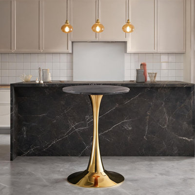 Soft Gray Manufactured Wood Round Dining Table with Gold Pedestal, Seats 2-4, Mid-Century Modern Style for Small Spaces
