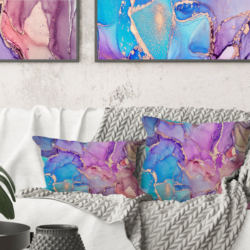 Mauve et bleu liquide Art VI - Coussin décoratif imprimé moderne, 16 po x 16 po