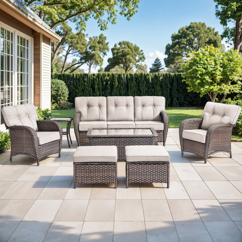 Harbor 7-Piece Outdoor Wicker Patio Furniture Set, 5" Thick Cushioned Rattan Conversation Set With Sofa, Chairs & Ottomans
