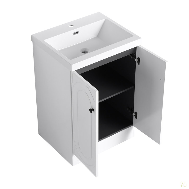 Meuble-lavabo autoportant 24 po avec lavabo en résine et 2 portes d'armoire à fermeture en douceur (emballage KD), Blanc