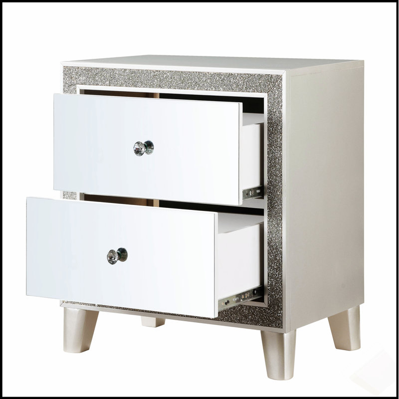 Table de chevet 2 tiroirs Champagne avec finition miroir, parfaite pour ajouter luxe et élégance à votre chambre à coucher