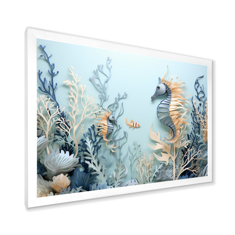 Collage dansant bleu et blanc avec des dragons de mer - Décoration murale plage et océan, H 16 po x l 32 po x P 1 po