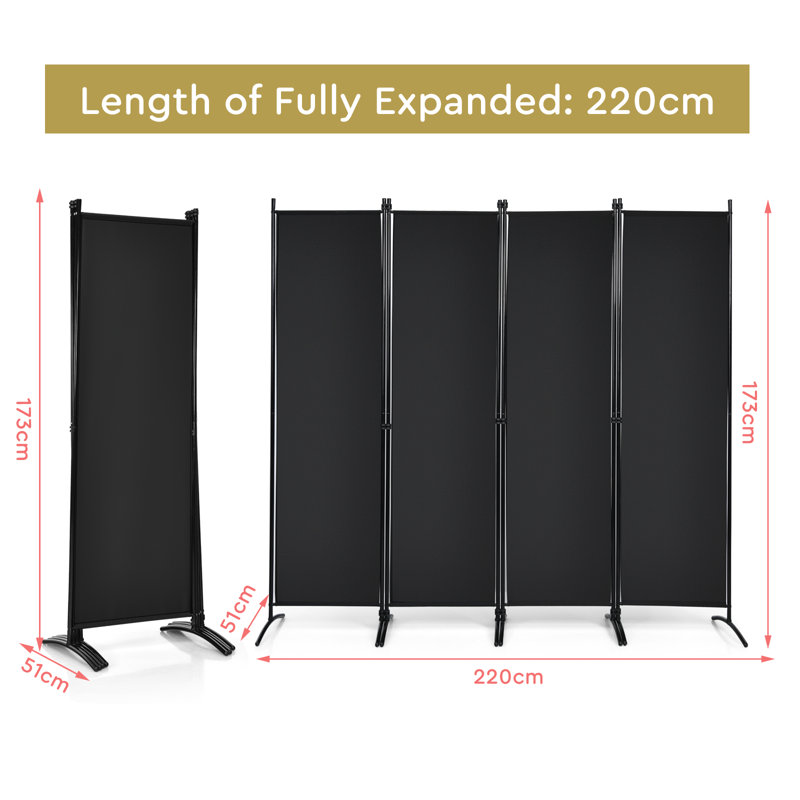 Hurhula 220cm W x 173cm H 4 - Panel Folding Room Divider, Black