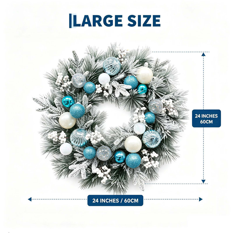 Couronne de Noël pré-illuminée de 61 cm (24 po) avec 20 lumières DEL, 8 modes d'éclairage, ornements bleus et minuterie de 6 heures, en PVC pour la décoration intérieure et extérieure