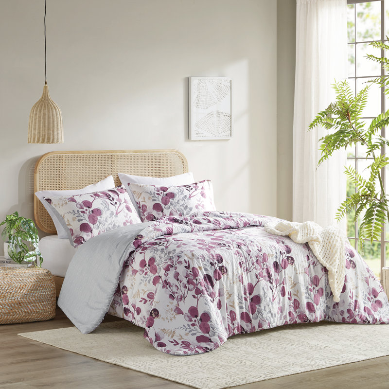 Ensemble d'édredon réversible floral Gabby Gabby, Édredon double / grand + 2 taies décoratives sta, Prune