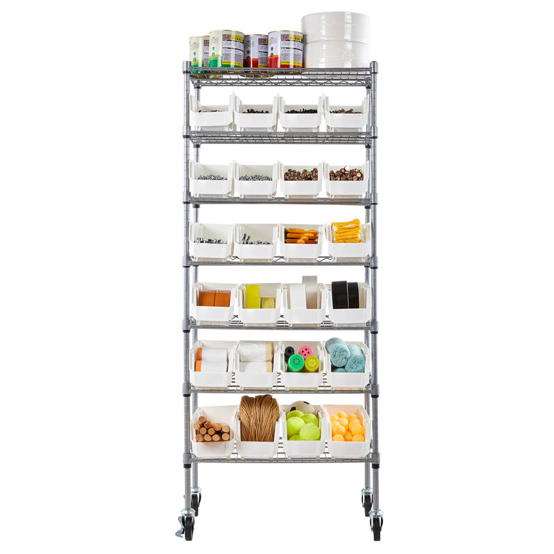 Étagère de rangement à 7 niveaux, 24 petits bacs, système de rangement en fil d'acier avec roulettes, organisateur d'outil mobile pour le garage, l'entrepôt, le bureau, le restaurant, la salle de classe, la cuisine