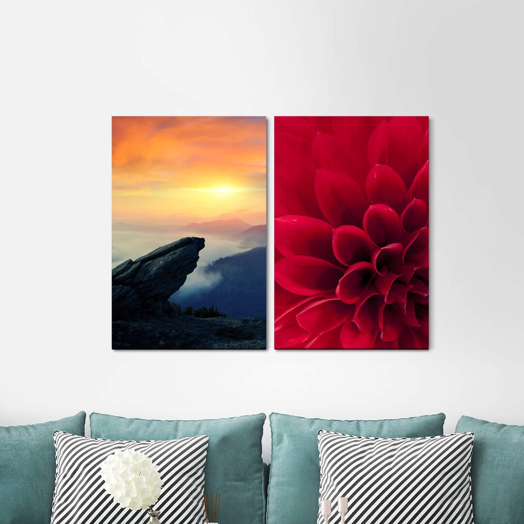 2-tlg. Leinwandbilder-Set - Fotografie „Dahlia Red Flower Rocks Mountains Sunset”