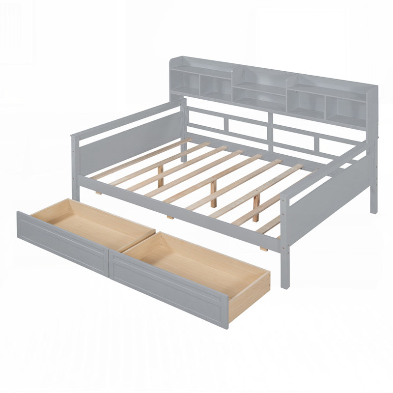 Daybed, Wood Slat Support, with Bedside Shelf and Two Drawers, Gray, Full