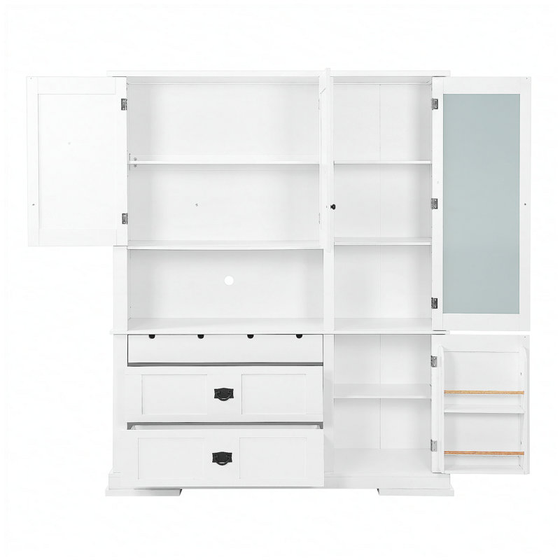 Buffet autoportant traditionnel avec huche, grande armoire de rangement avec tiroirs, portes et tablettes réglables, blanc