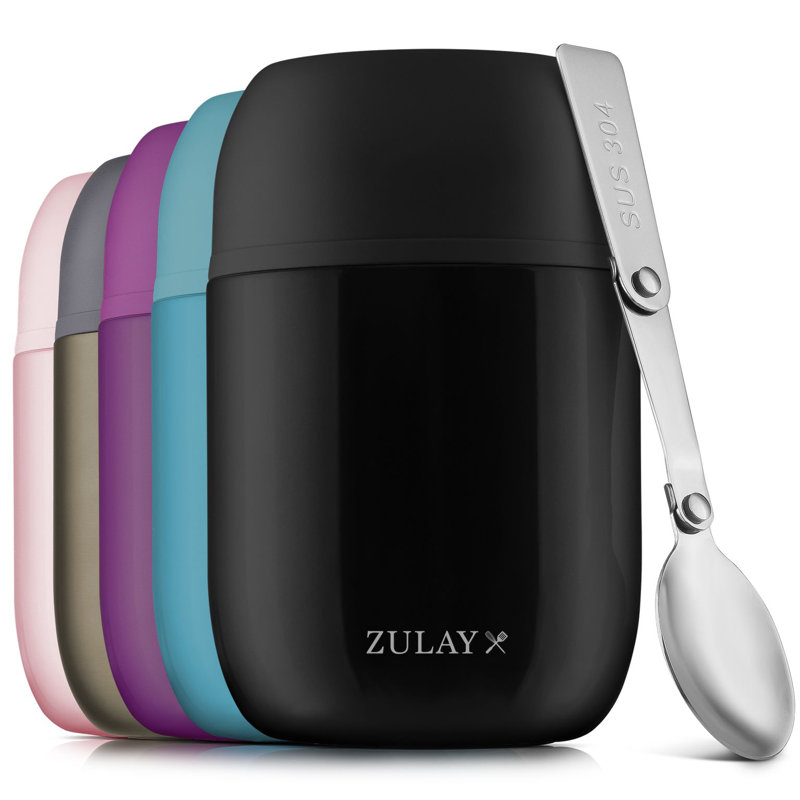 Zulay Kitchen 16oz Insulated Thermos Food Jar with Foldable Spoon - Stainless Steel Food Container, Black