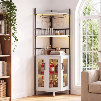 5-Tier Corner Bar Cabinet LED Lights & Power Outlets, Tall Liquor Storage Wine Rack & Glass Holder, White