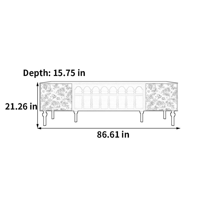 Meuble télé avec rangement peint français rétro, H 21,26 po x l 86,61 po x P 15,75 po, Blanc