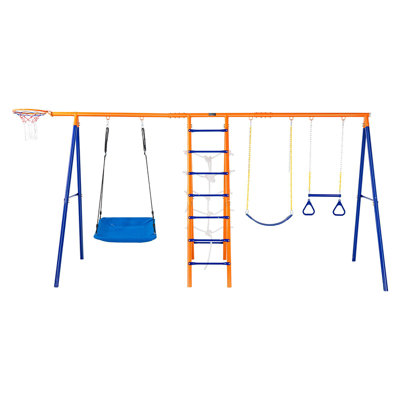 Balançoires pour cour arrière, balançoire 6 en 1 avec 2 balançoires, barre de trapèze, échelle d'escalade, filet d'escalade et panier de basketball, balançoire en métal robuste pour enfants de 3 ans et plus avec capacité de charge de 440 lb