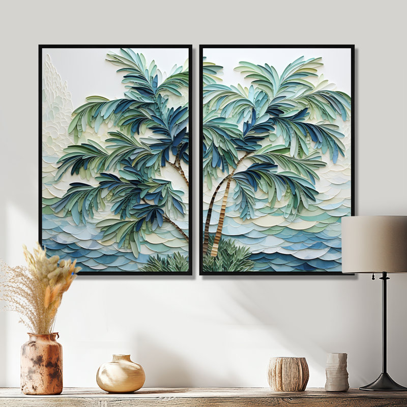 «Green Minimalims Palm Trees» - Art mural traditionnel, 36" H x 48" W, Impression encadrée flottante, Black