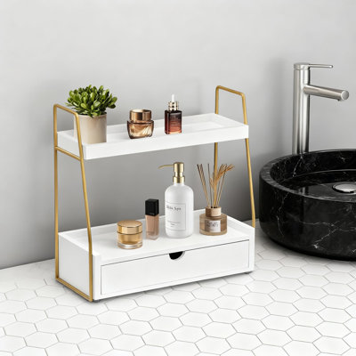 2-Tier Bathroom Countertop Organizer With Drawer, Wood Vanity Storage Shelf For Makeup, Perfume, Skincare, And Toiletries, Space-Saving Decor For Bathroom, Bedroom, And Kitchen