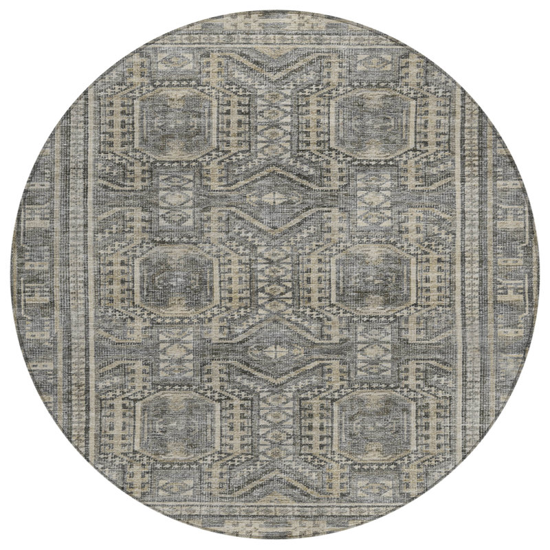 Machine Washable Indoor/Outdoor Xhevrie Pewter Rug, Round 8'