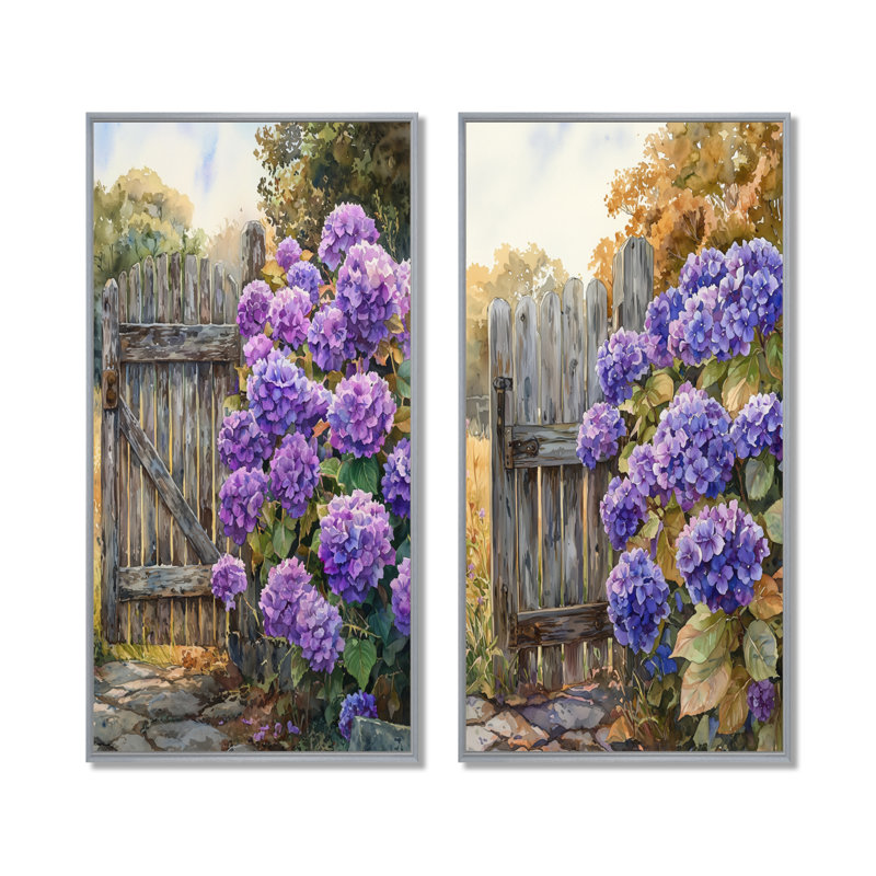 Hortensias d'été par The Farm Fence I - impressions sur toile florales 2 panneaux, H 40 po x l 41 po, Encadrement argenté