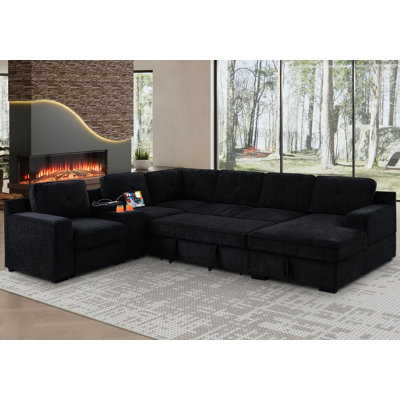Latitude Run U-Shaped Upholstered Corner Sectional Sofa Bed Pull Out Sleeper Couch With Storage Chaise, Cup holder and USB by Latitude Run
