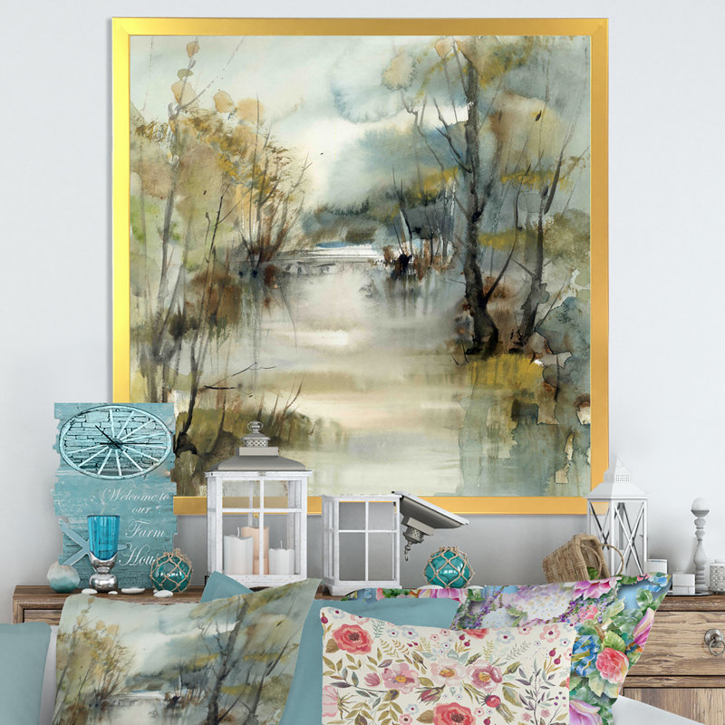 Illustration de paysage de rivière d'hiver - sur, Impression encadrée, H 16 po x l 16 po, Doré