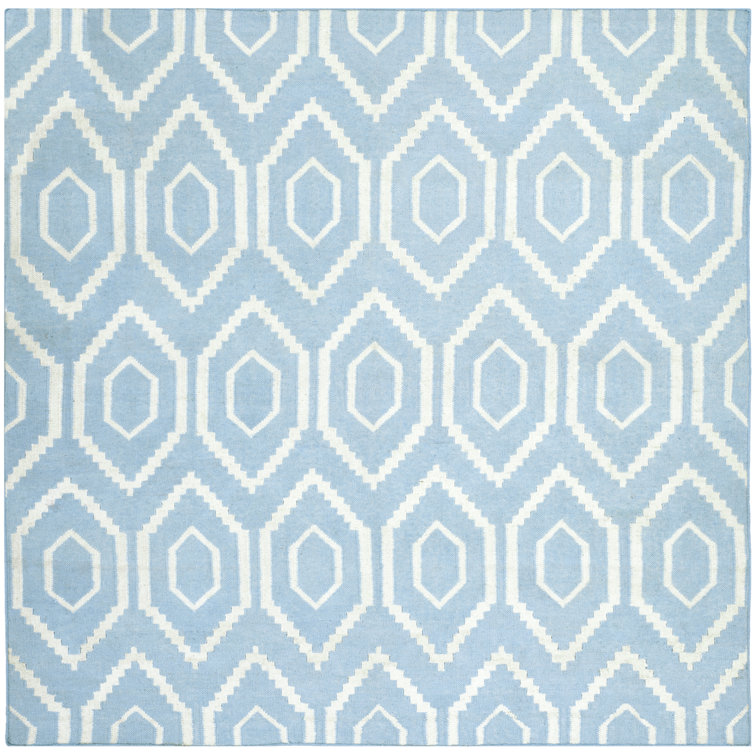 Dhurries Hand Woven Flat Weave Wool/Cotton Geometric Rug in Ivory/Blue