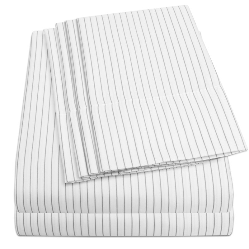 6 Piece Loft Pin Stripes Printed Sheet Set, Deluxe Ultra Soft, Double Brushed Microfiber, Queen, White