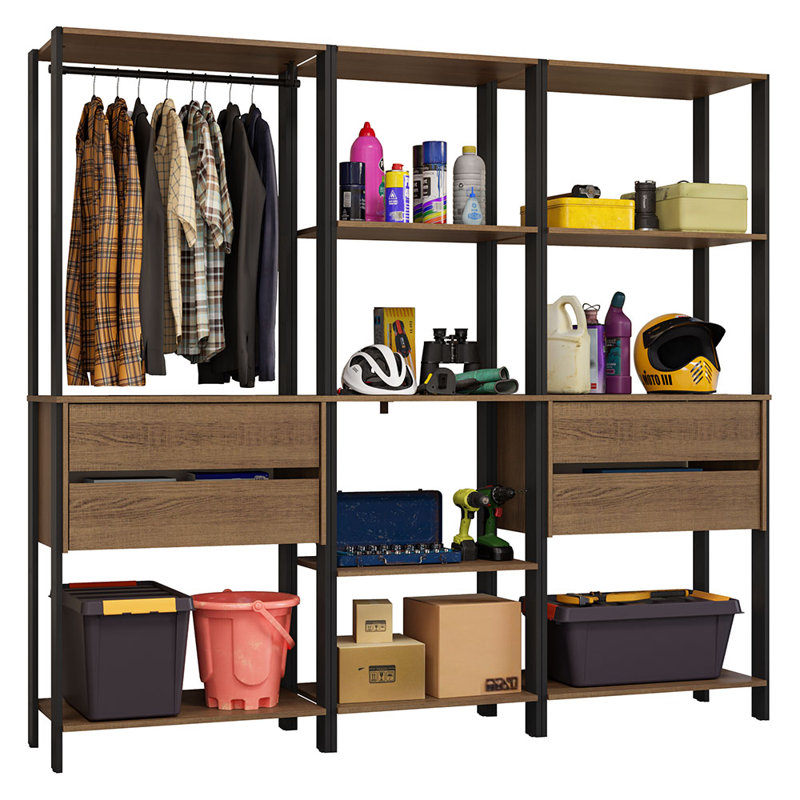  Garage Storage Rack with  Drawers, Open Shelves and Hanging Space  Multiuse Modular Organization Cabinet for Tools - Black/Brown