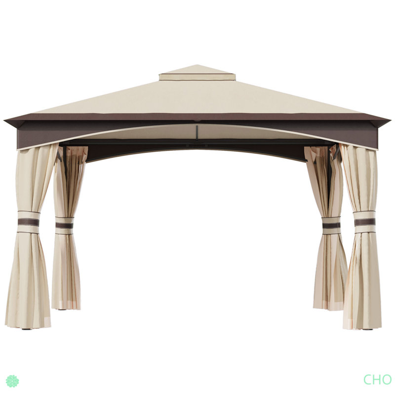 Outdoor Gazebo With Netting And Curtains, Patio Gazebo Canopy With 2-Tier Soft Top Roof And Steel Frame For Lawn, Garden, Backyard And Deck