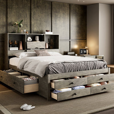 Queen Size Platform Bed In Gray With 8 Drawers And Storage Headboard, Pine Wood + , No Box Spring, Bedroom Expanding Approach Strategy