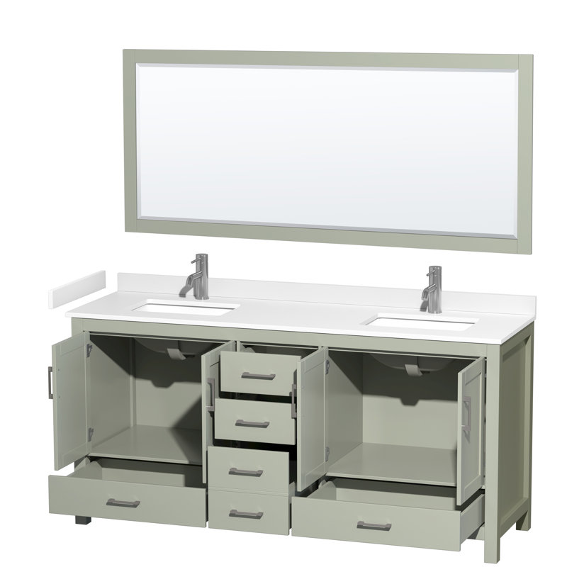 Sheffield Freestanding Double Bathroom Vanity with Cultured Marble Top with 70" Mirror, White Cultured Marble, Light Green