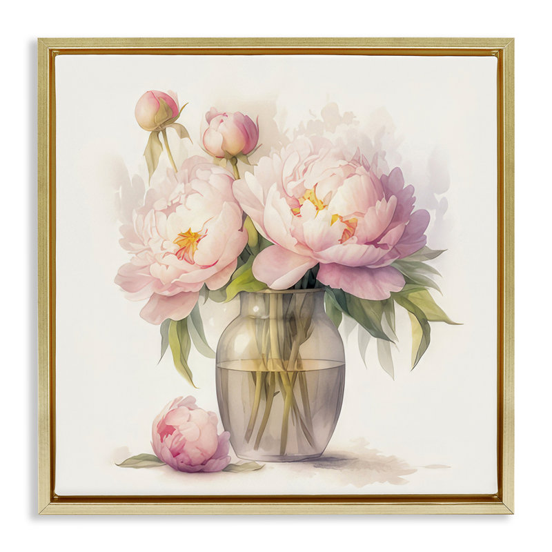 Subtle Blush Peonies  Framed Floater Canvas Wall Art by LSR Design Studio, Metallic Gold Floater Frame, 25" H x 25" W