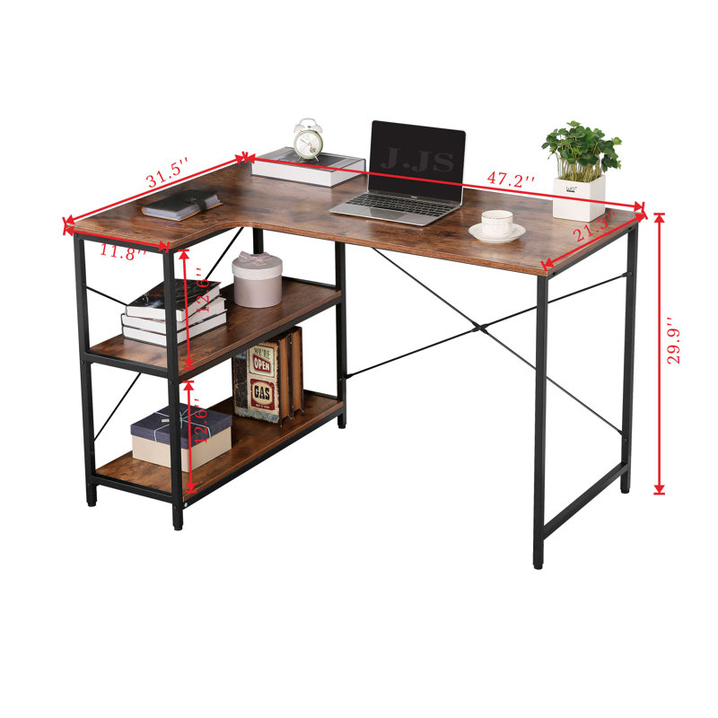 Kershner Home Office Desk with Bookshelf - 3-Tier Shelf Desk & Workstation