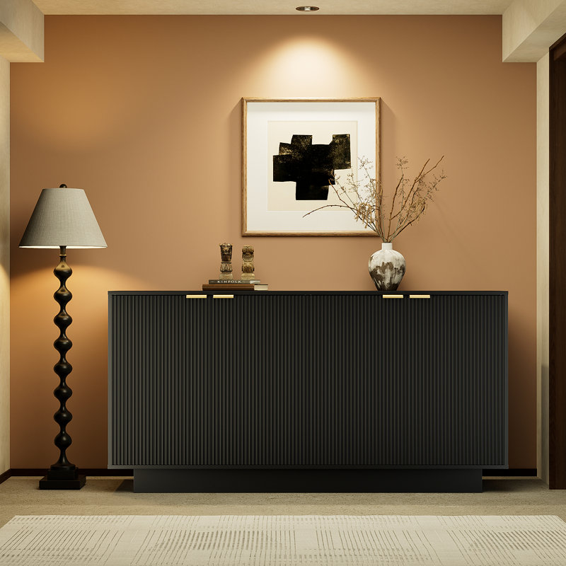 Grande armoire à vin 63 "avec buffet cannelé et bar à vin moderne, Noir