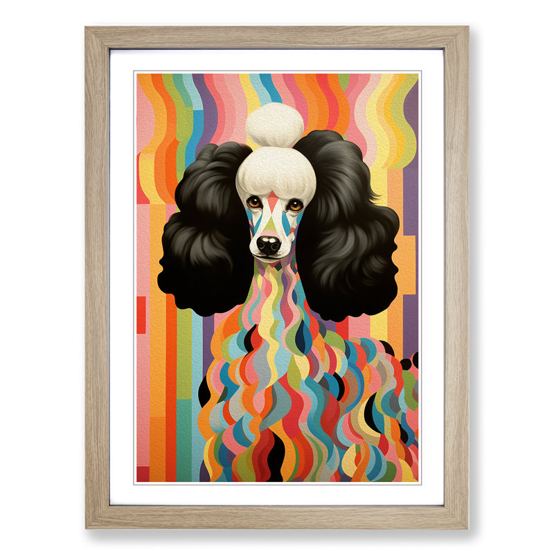 XYZ-FRM-V1223-5255 Poodle Art Deco - Single Picture Frame Print on Wood, Oak, 34cm H x 25cm W x 2cm D