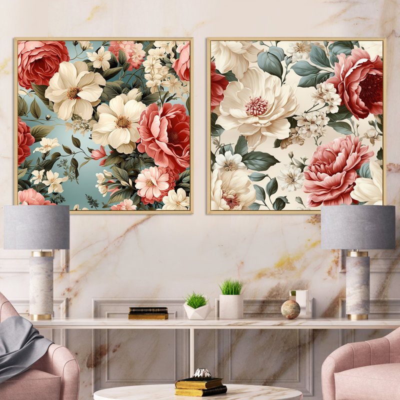 Ensemble de 2 pivoines roses et antiques, H 16 po x l 33 po, Cadre flottant brun