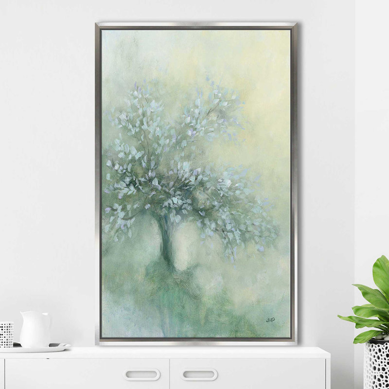 «Subtle Tree I» par Julia Purinton - Peinture, Cadre flottant argent, H 51,5 po x l 31,5 po x P 2 po