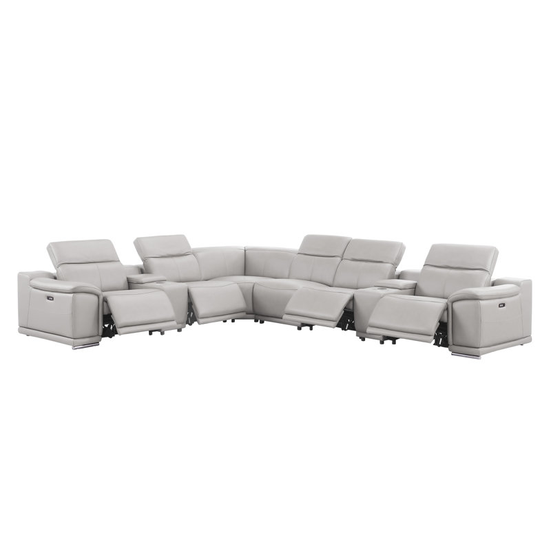8-Piece L-Shaped Power Reclining Sectional In Genuine Leather – 4 Recliners, Light Gray Top Grain Leather