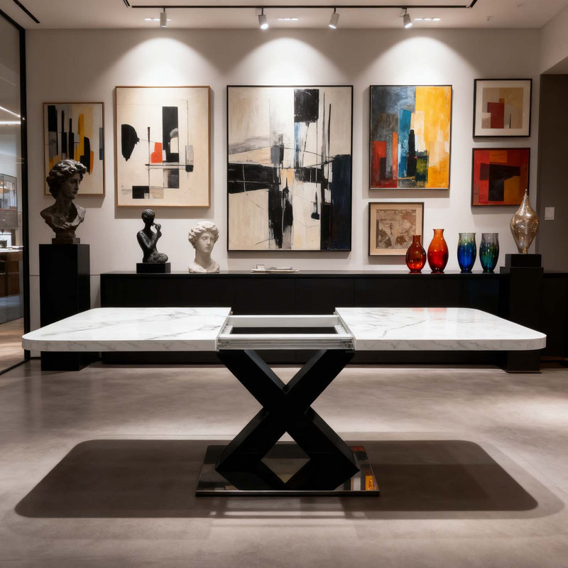 Table de salle à manger rectangulaire moderne avec plateau extensible et pieds en X durables, Blanc, Blanc/Noir
