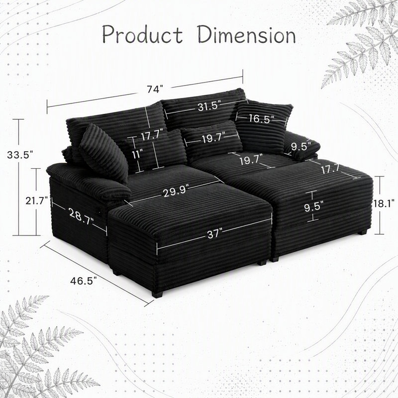 Ensemble de chaise longue double avec repose-pieds réversible - Velours côtelé doux, rangement, port USB, siège / table multifonctionnel pour le salon