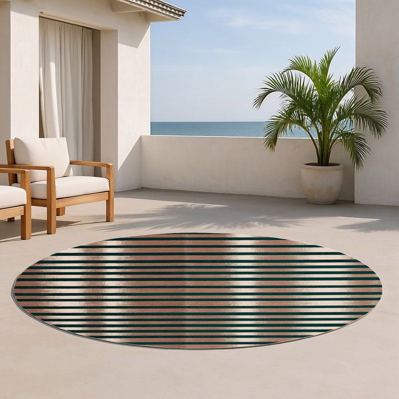 Tapis intérieur / extérieur vert HorizontalStripes, Rond 5 pi