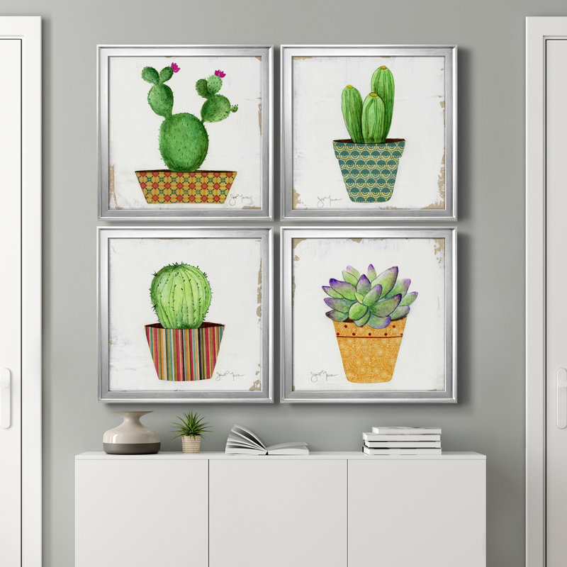 Boho Cacti I - ensemble de 4 peintures sur toile encadrées, Argent, H 17,5 po x l 70 po x P 1,5 po