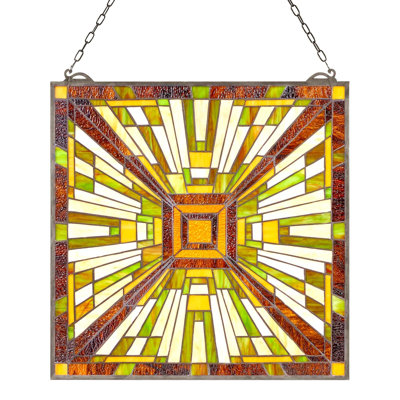 Stained Glass Window Panel, 20 X 21 In, Tiffany Style Hanging Transom Window Panel With Chain, Large Vertical Rectangle Stain Glass, Vintage Traditional Art Handcrafts For Kitchen Home Decor