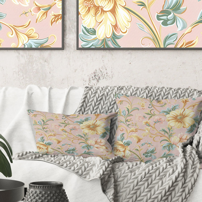 Coussin bohème rose, rose et vert floral, Forme rectangulaire, H 12 po x l 20 po