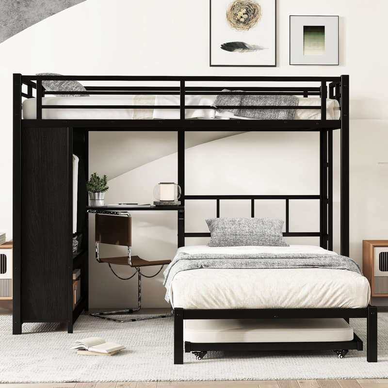 Twin Over Black Bunk Bed Made Of Metal With A Built - In Closet, Hidden Under Trundle, Foldable Nightstand Desk, And Quiet Function Great For Guest Rooms Featuring Pull Out Work Full Length