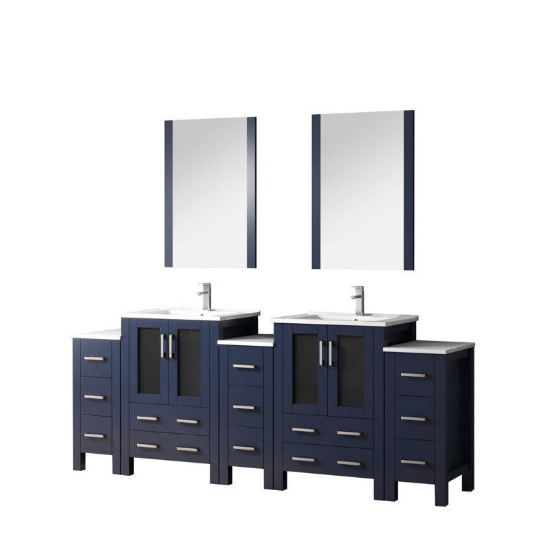 Meuble-lavabo double bleu marine 84 po W, avec armoires latérales, robinet, comptoir en céramique blanche, 22 miroirs et surface à gratter, robinet, teinture